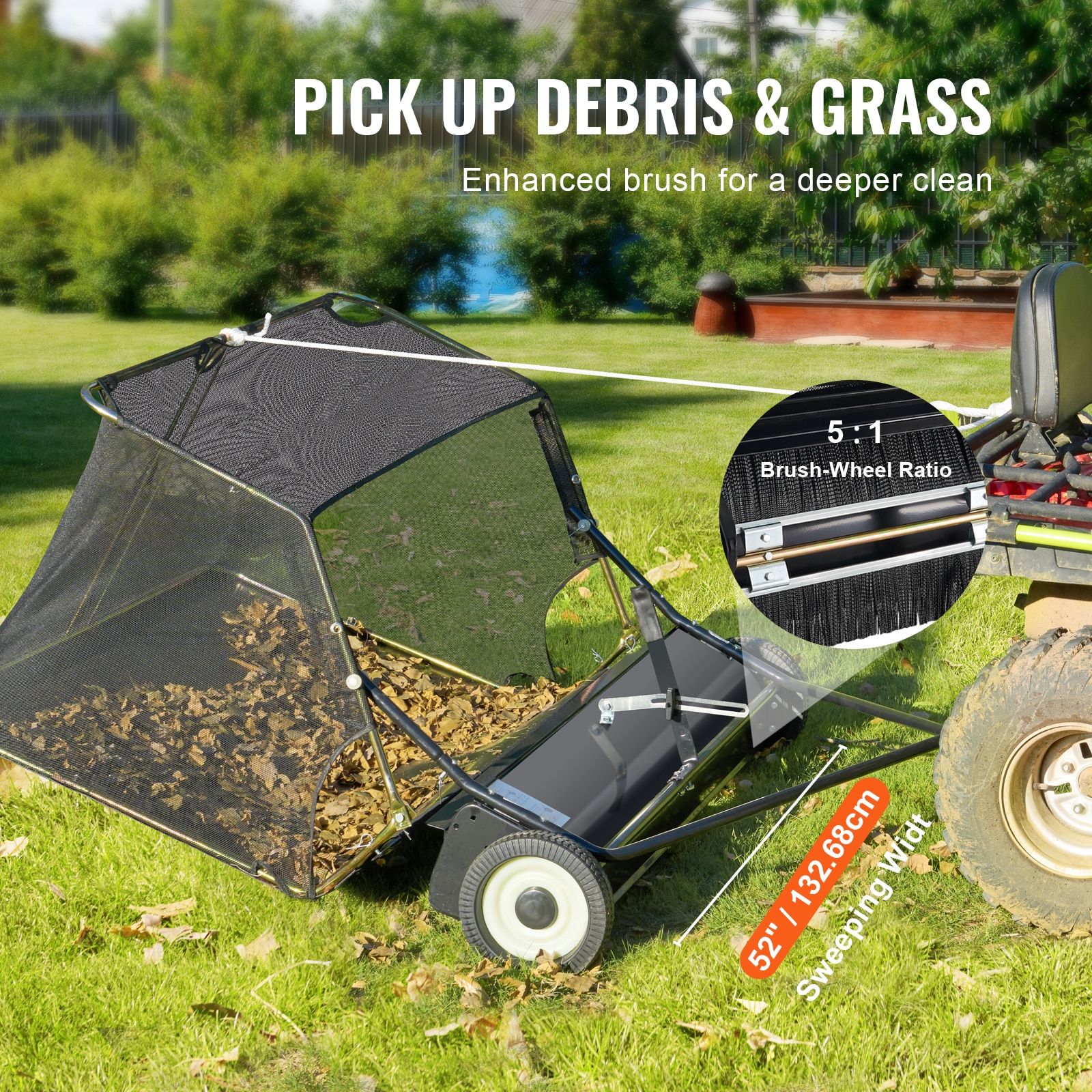 Lawn Sweeper Tow Behind 52 Inch Large Grass Collector For Garden_voghion.com